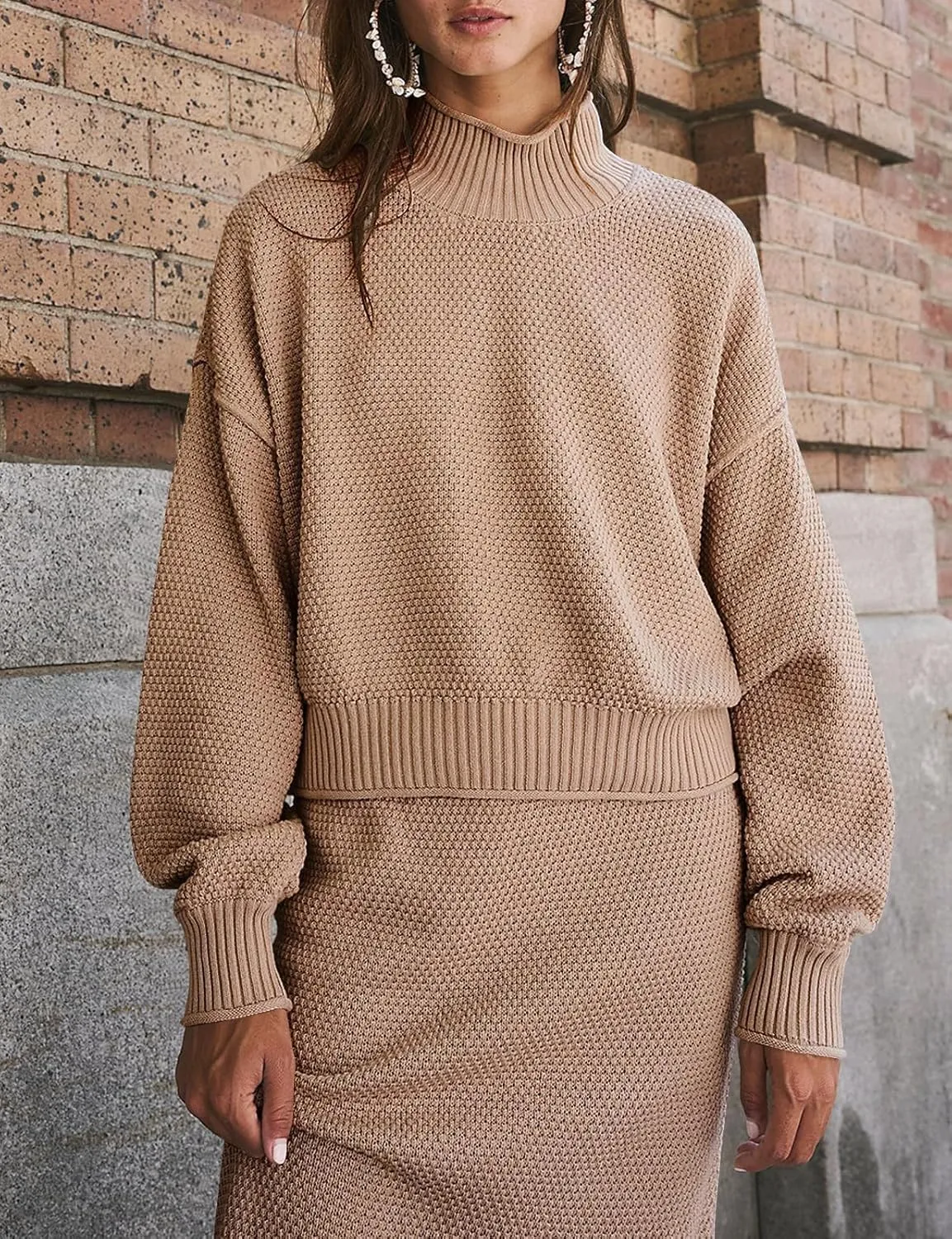 Womens 2 Piece Waffle Knit Lounge Outfits Turtleneck Pullover Sweater High Waist Long Pencil Skirt Set