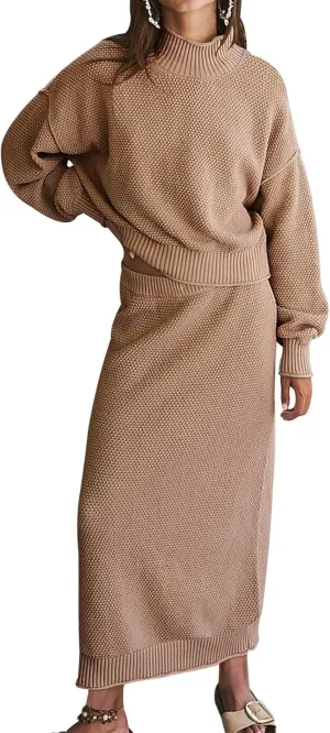Womens 2 Piece Waffle Knit Lounge Outfits Turtleneck Pullover Sweater High Waist Long Pencil Skirt Set