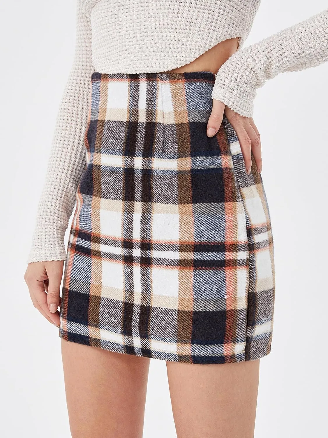 Women's Casual High Waist Plaid Skirt Bodycon Pencil Wool Mini Skirts
