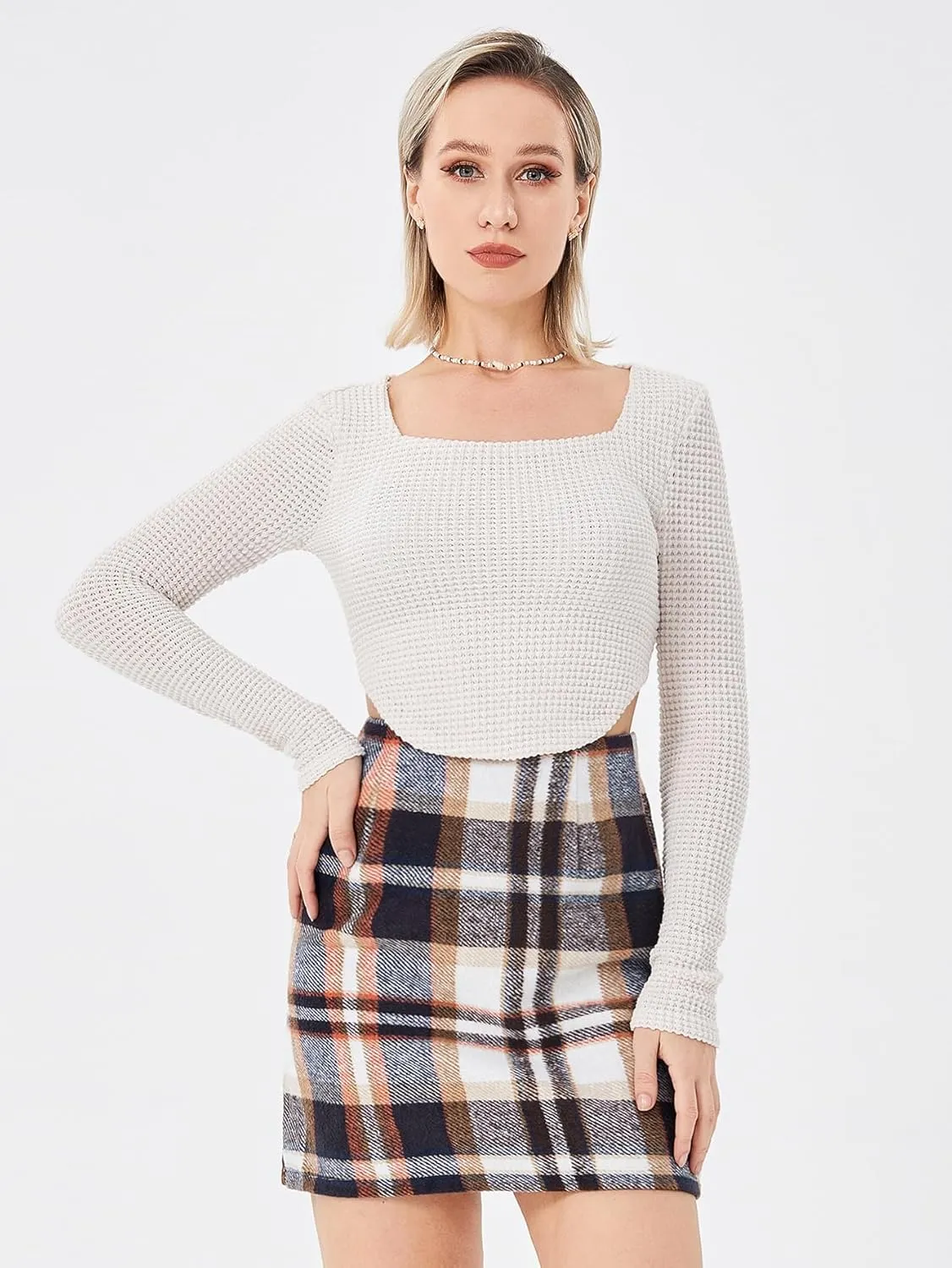 Women's Casual High Waist Plaid Skirt Bodycon Pencil Wool Mini Skirts