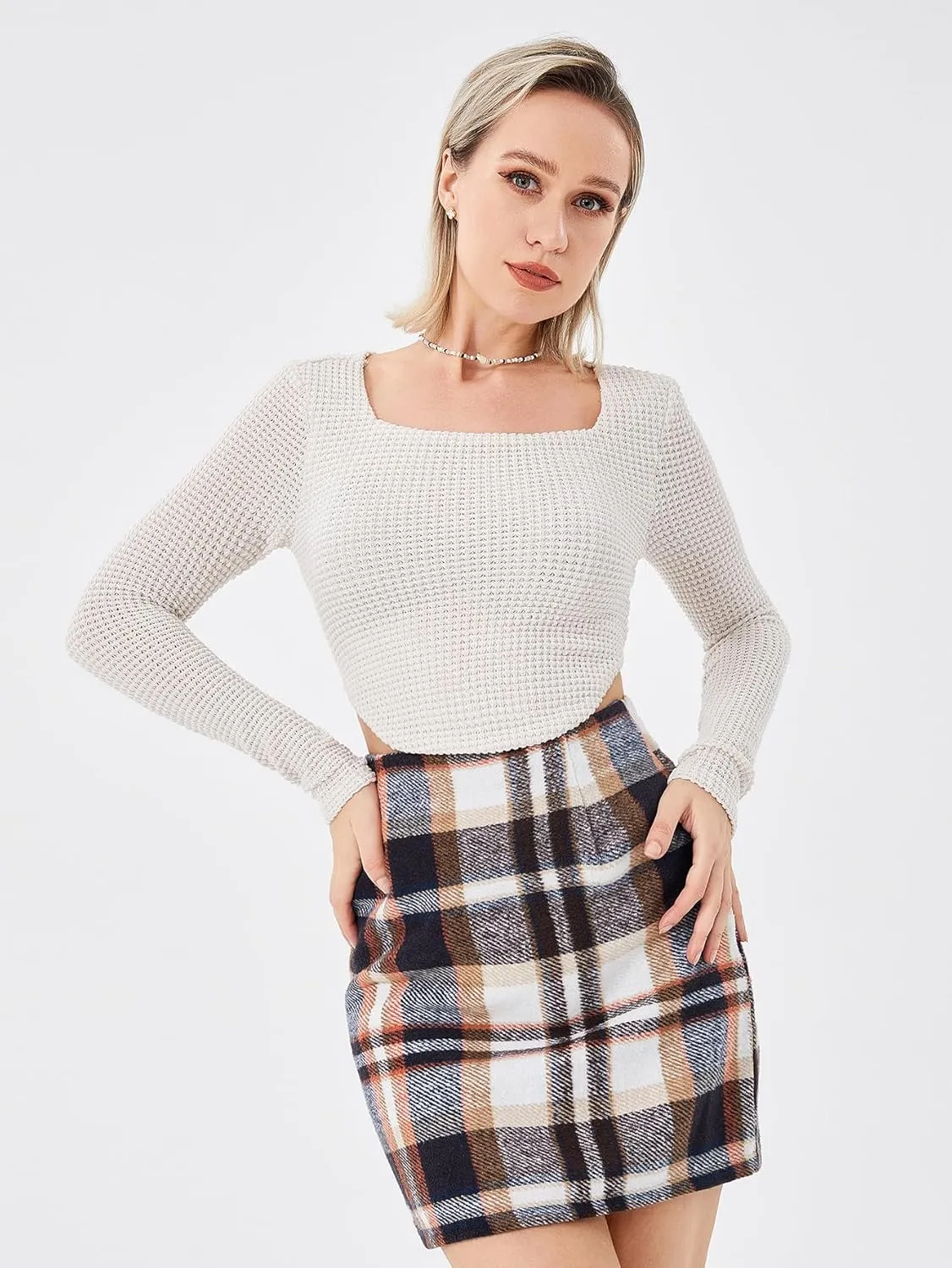 Women's Casual High Waist Plaid Skirt Bodycon Pencil Wool Mini Skirts