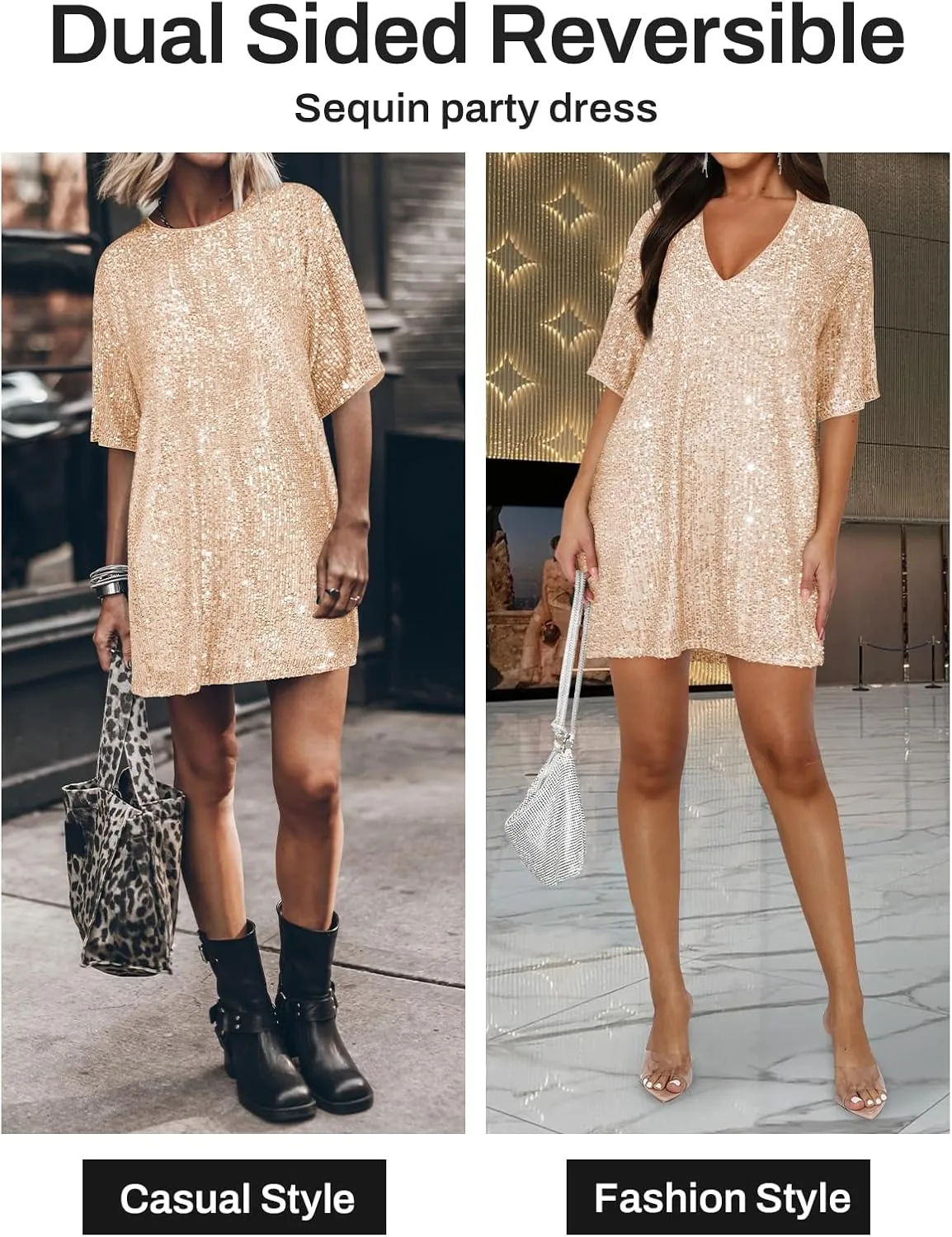 Women's Crew Neck Sequin Dress for Women Sexy V Neck Shirt Dress Sparkly Half Sleeve Loose Party Club Cocktail Dress