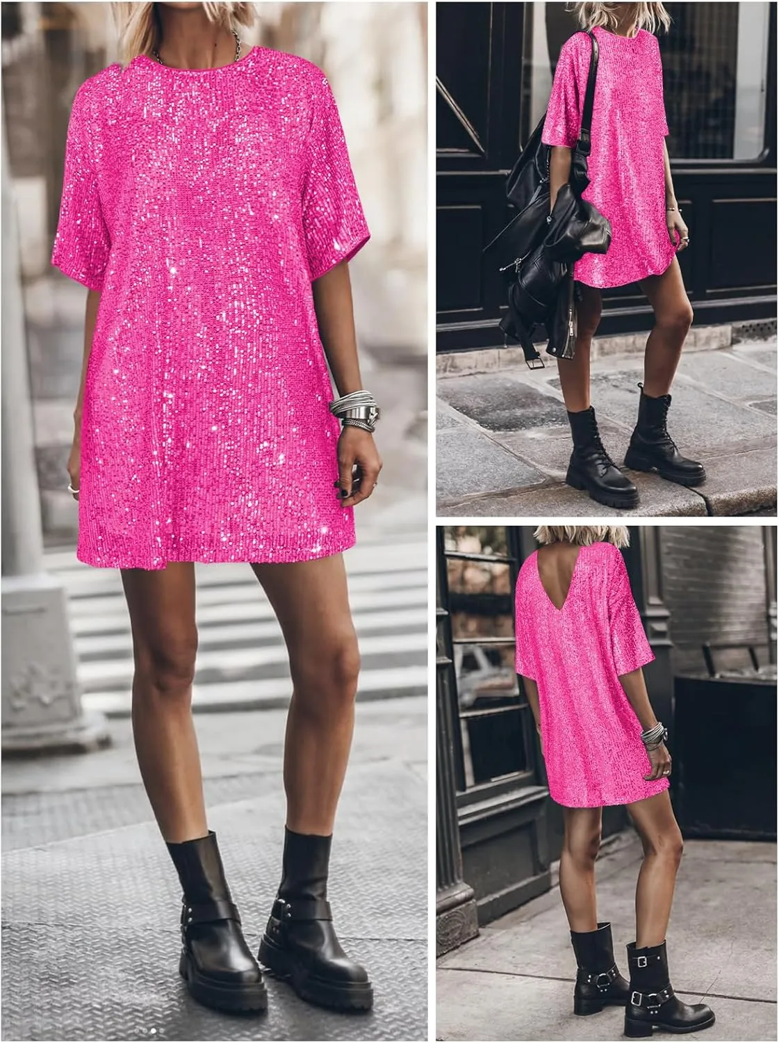 Women's Crew Neck Sequin Dress for Women Sexy V Neck Shirt Dress Sparkly Half Sleeve Loose Party Club Cocktail Dress