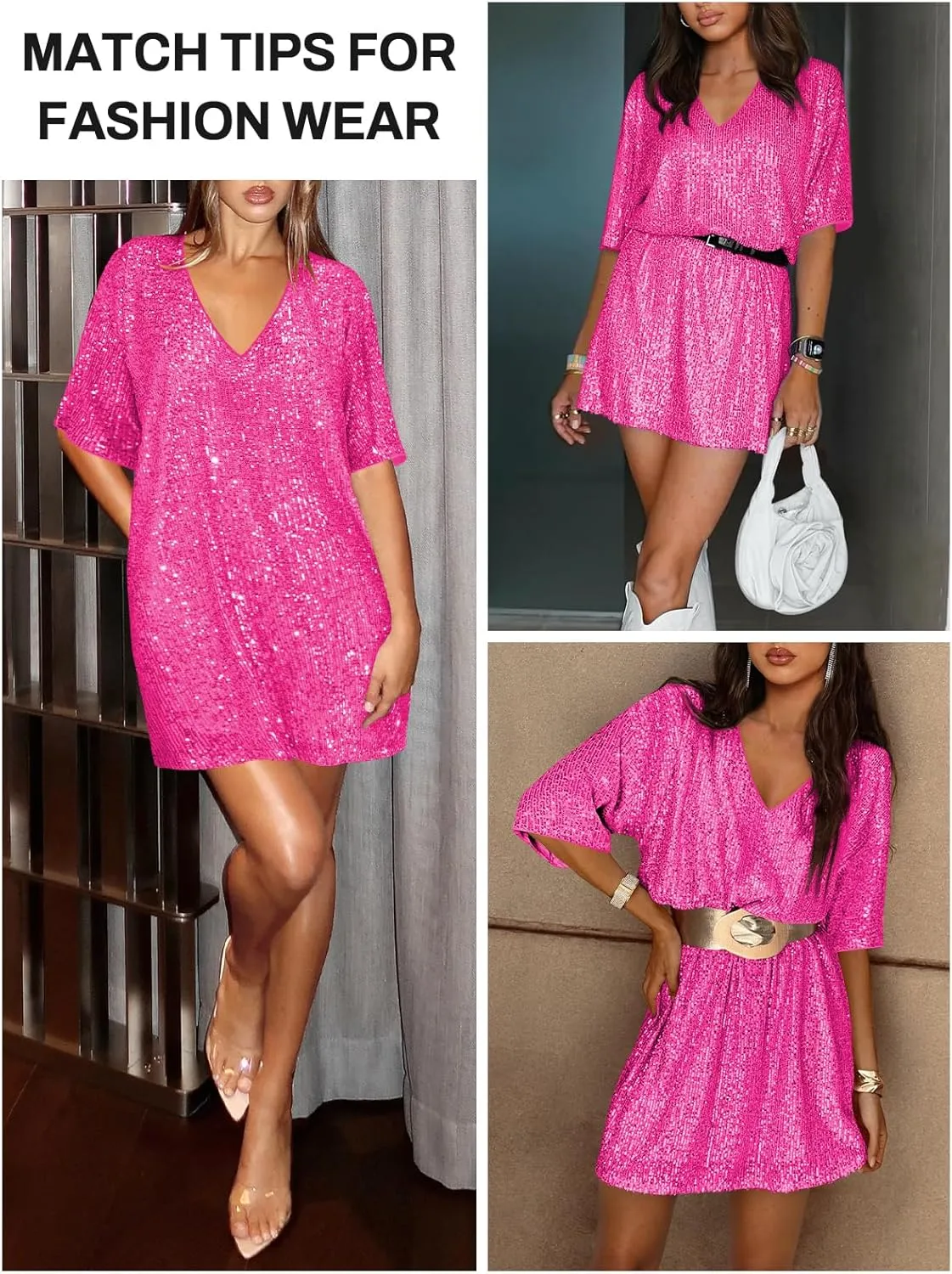 Women's Crew Neck Sequin Dress for Women Sexy V Neck Shirt Dress Sparkly Half Sleeve Loose Party Club Cocktail Dress
