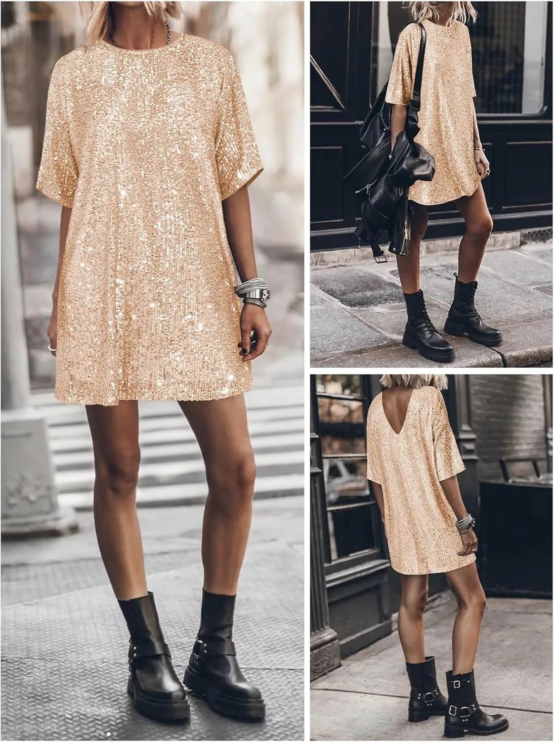 Women's Crew Neck Sequin Dress for Women Sexy V Neck Shirt Dress Sparkly Half Sleeve Loose Party Club Cocktail Dress
