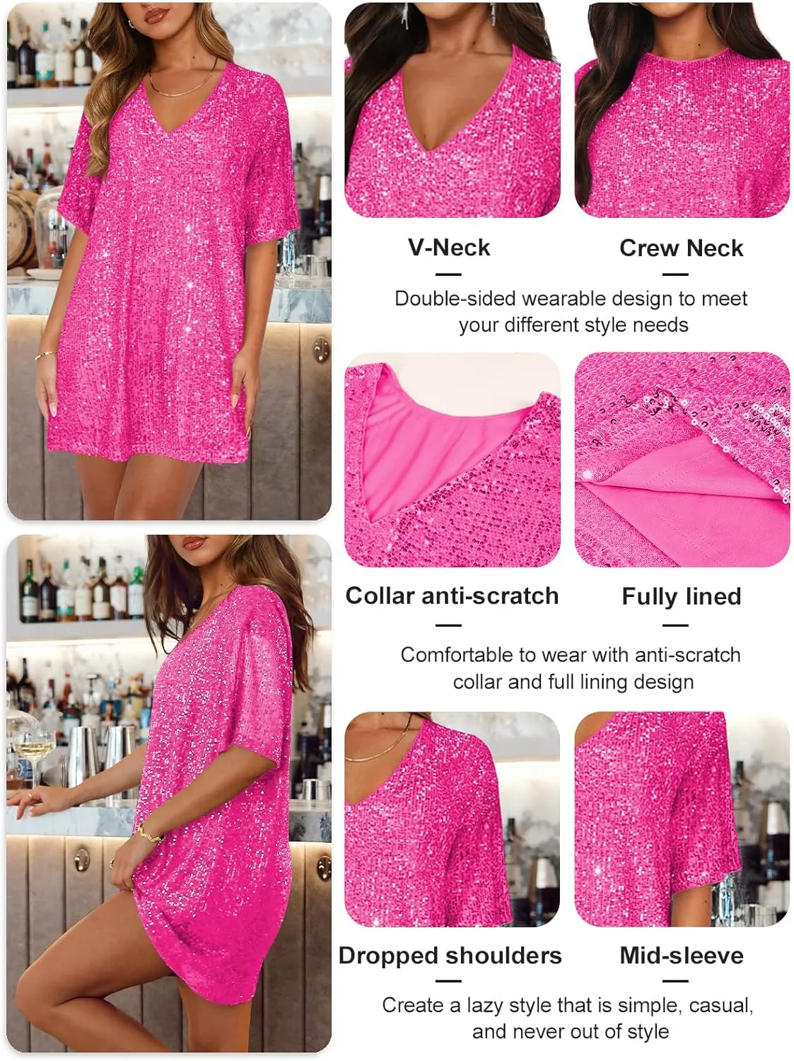 Women's Crew Neck Sequin Dress for Women Sexy V Neck Shirt Dress Sparkly Half Sleeve Loose Party Club Cocktail Dress