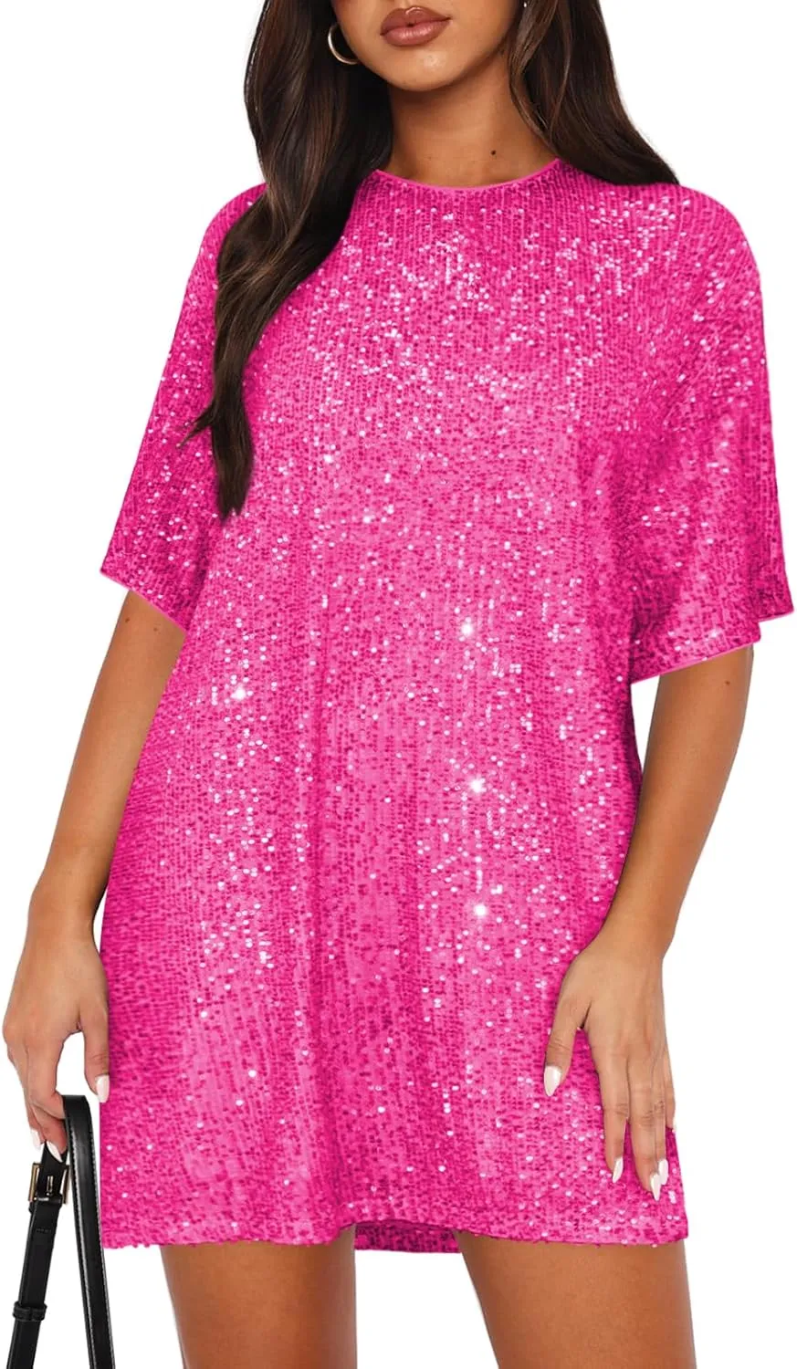 Women's Crew Neck Sequin Dress for Women Sexy V Neck Shirt Dress Sparkly Half Sleeve Loose Party Club Cocktail Dress