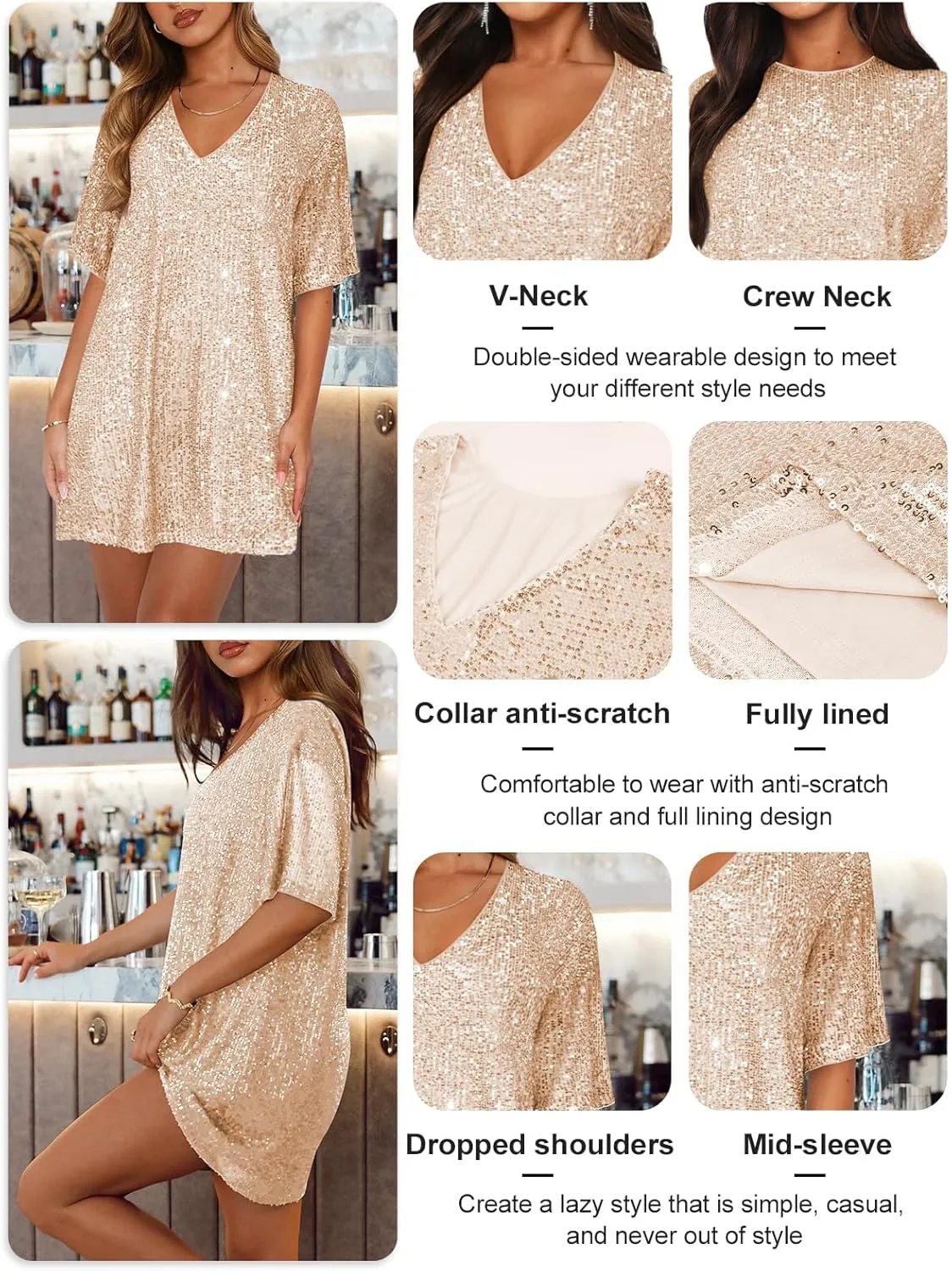 Women's Crew Neck Sequin Dress for Women Sexy V Neck Shirt Dress Sparkly Half Sleeve Loose Party Club Cocktail Dress