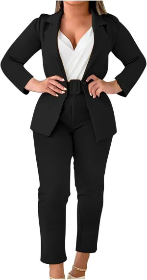 Women's Dressy Suit 2 Piece Business Outfits Long Sleeve Lapel Single Button Blazer and Pencil Pant with Belt Sets