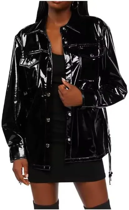 Women's Long Sleeve PVC Leather Jacket,Ladies Turn-Down Collar Shirt, Trench Coat,