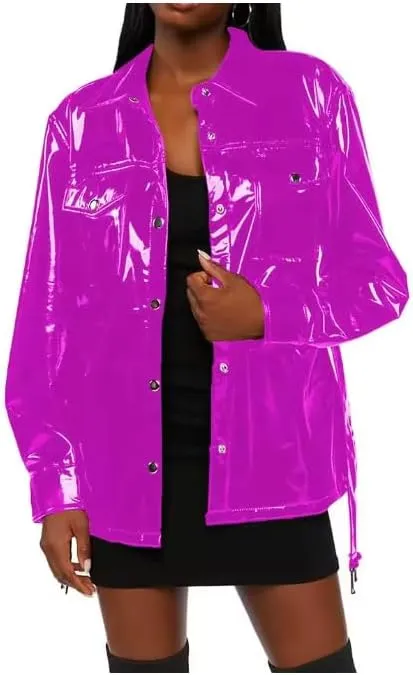 Women's Long Sleeve PVC Leather Jacket,Ladies Turn-Down Collar Shirt, Trench Coat,