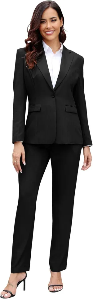 Women's Suit 2 Piece Slim Fit Formal Notched Lapel Lady Solid Work Outfits Casual Blazer Jacket Pants Set for Business Office